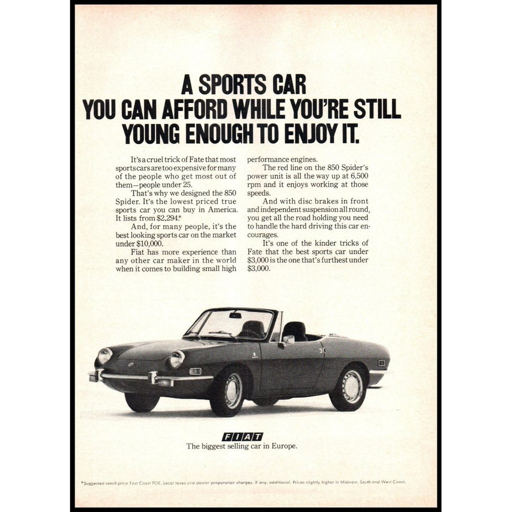 1971 Fiat 850 Spider 2 Door Convertible Roadster Vintage Print Ad Wall Art 70s